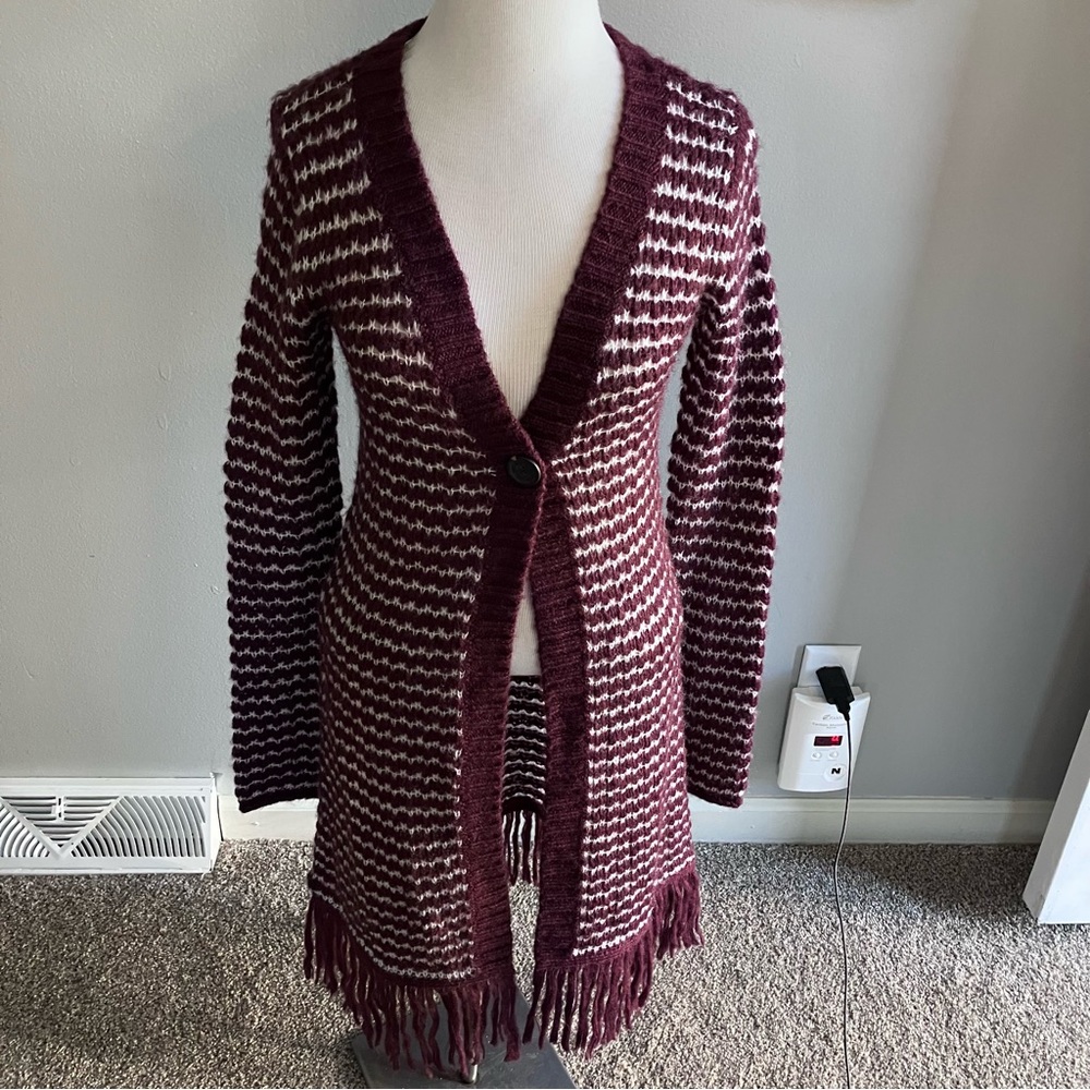 NWT Decree Knit Duster Long Cardigan Purple Snowdrift Fringe Hem Medium Stripes
